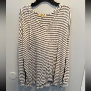 Gray and White Striped Hooded Top